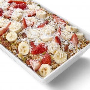 Fresh toasted muesli, banana, and strawberry yoghurt tray from Top Fruit Market Greenacre Sydney.